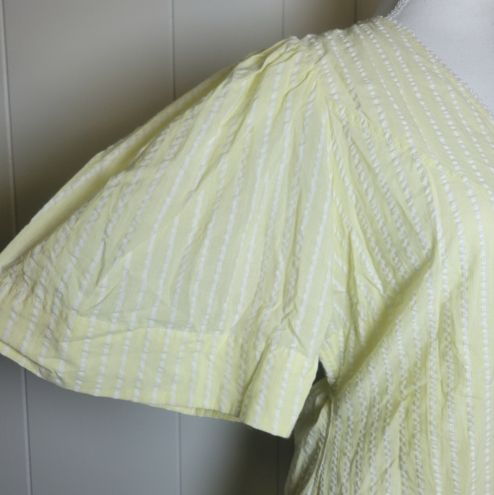 Ganni Seersucker Striped Wrap Blouse Short Sleeve Cotton Yellow & White 40 8/10 - Picture 7 of 16